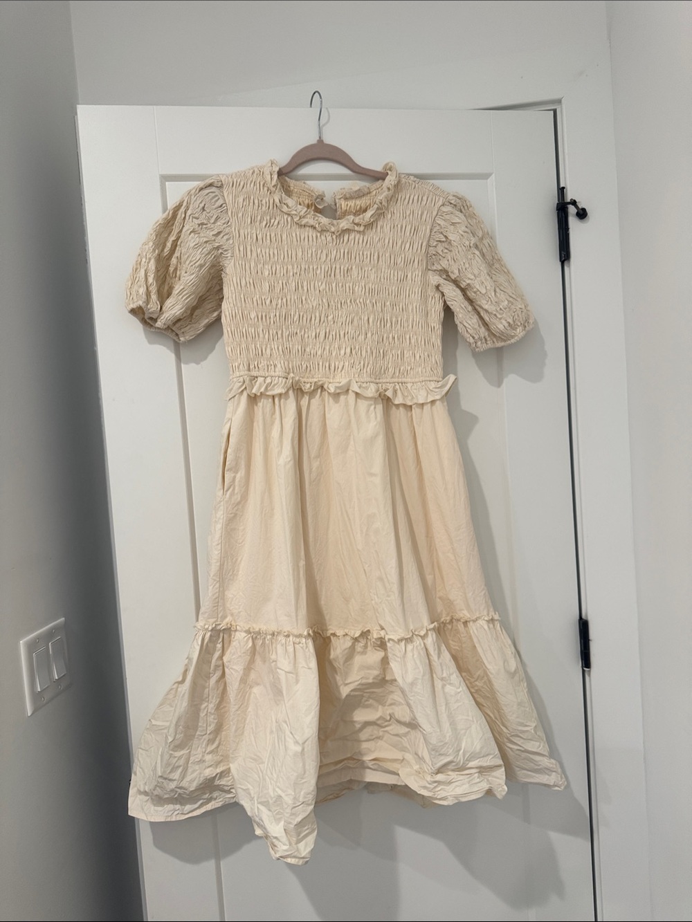 Listicle Cream Smocked Puff Sleeve Midi Dress